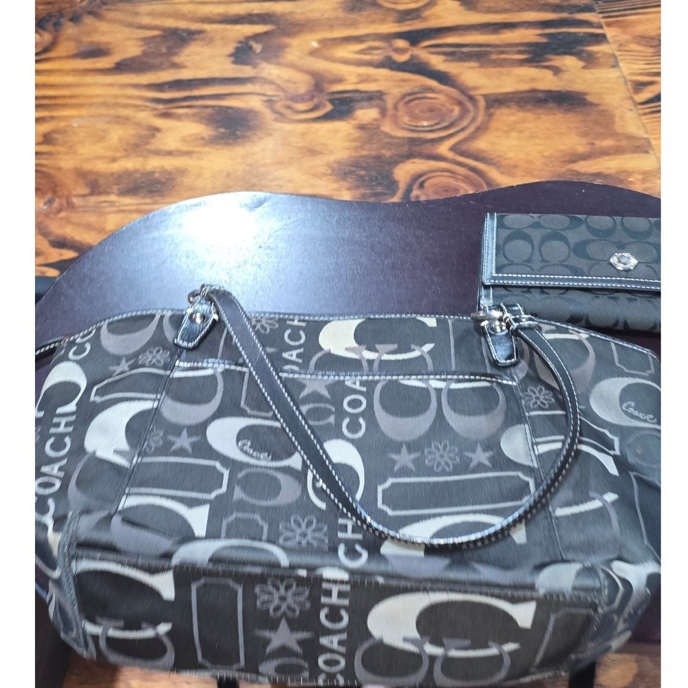 Coach Poppy Signature Tote Bag and Wallet Set Black Gray Jacquard F14854 - Picture 6 of 8